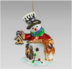 Handmade Glass Christmas Ornament "Snowman with Birdhouse and Reindeer
