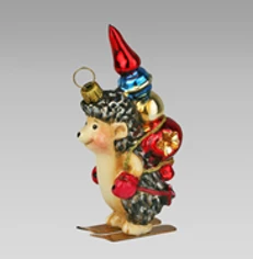 Handmade Glass Christmas Ornament "Hedgehog on Skis with a Cap