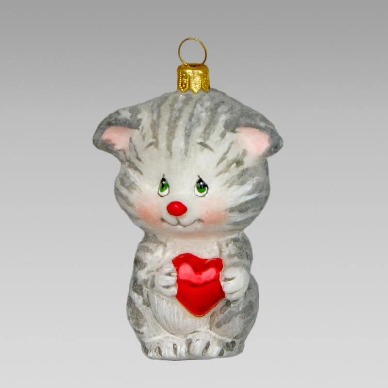 Handcrafted Glass Christmas Ornament "Gray Kitten with Heart