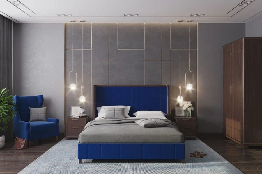 سرير قياسي بتنجيد رمادي