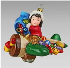 Handmade Glass Christmas Ornament "Boy in Airplane with Gifts