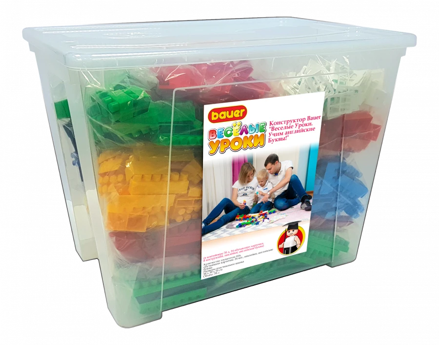 Educational Construction Toy "Fun Lessons: Learning English Letters and Words" (70L container, 24 educational cards, 8 instructions, 1080 stickers)