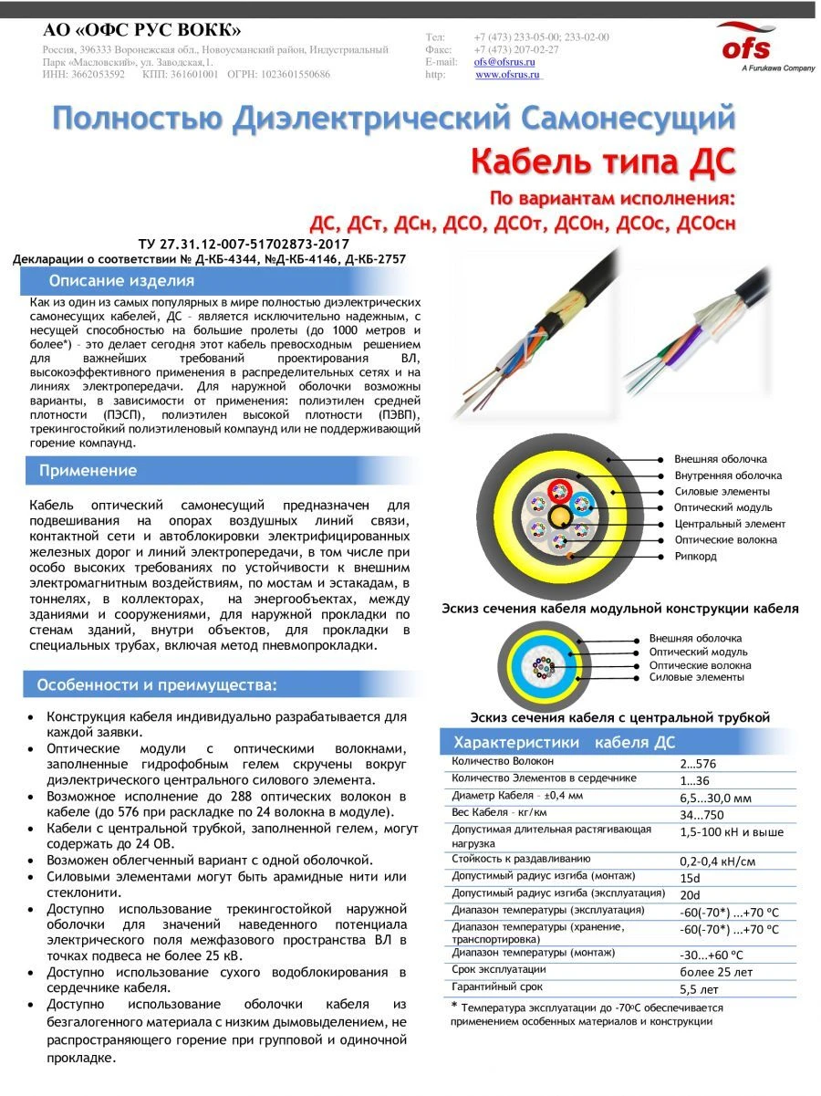 DS Type Cable - Fully Dielectric Self-Supporting Cable (Variants: DS, DSt, DSn, DSO, DSOt, DSOn, DSOs, DSOsn)