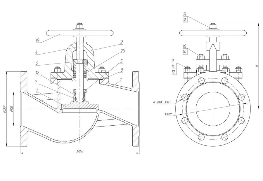 صمام بوابة فلانجي DN 100 PN 16 سلسلة 458 (KMIА.491125.003)