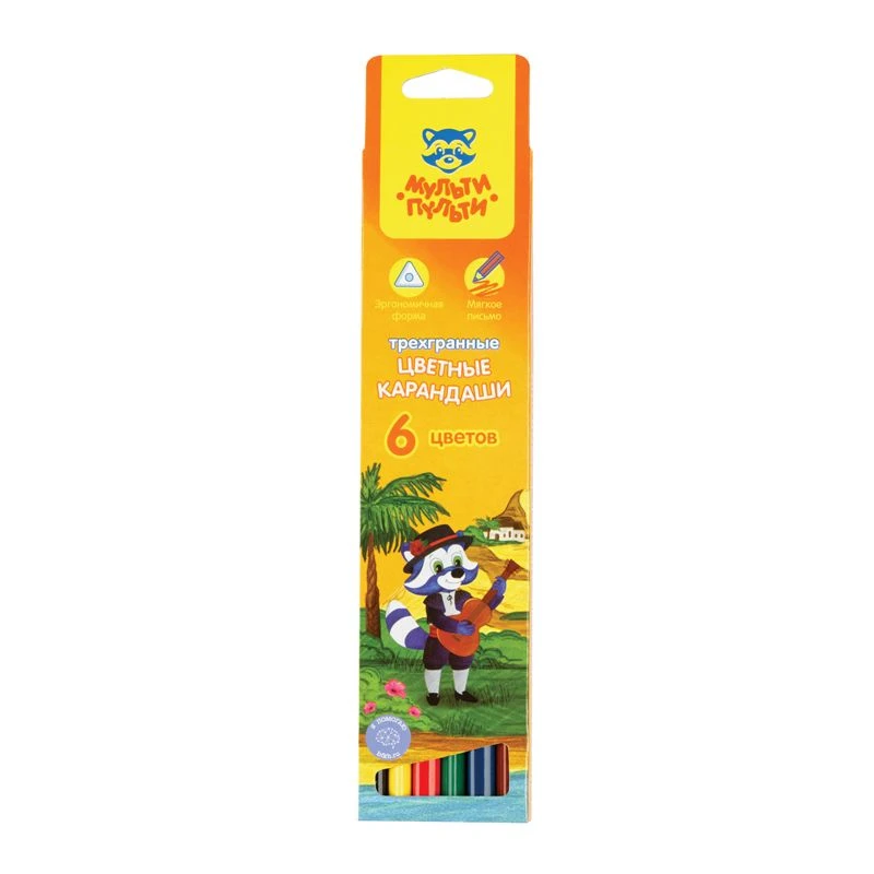 Multi-Pulti Colored Pencils "Raccoon in Spain", 6 Colors, Triangular, Sharpened, Cardboard Packaging