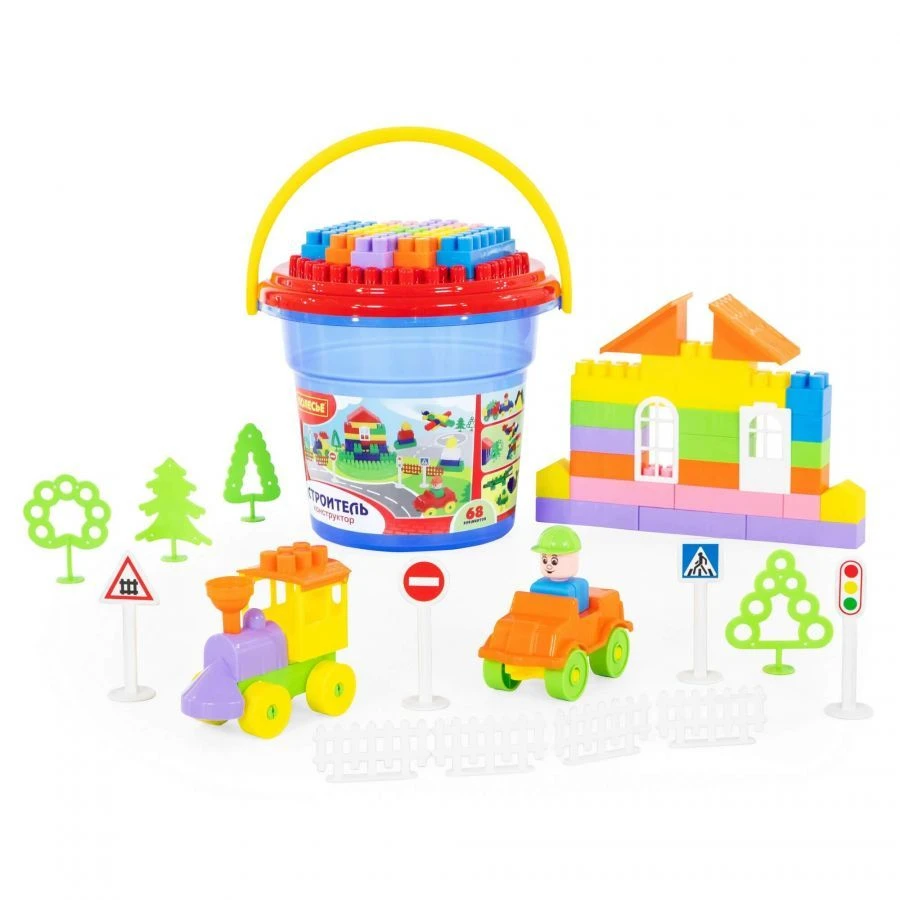 Builder Construction Set (68 Pieces) in Bucket "Maxi" with Lid, Art. 37190