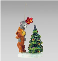 Handmade Glass Christmas Ornament "Bear and Hare Decorating the Tree