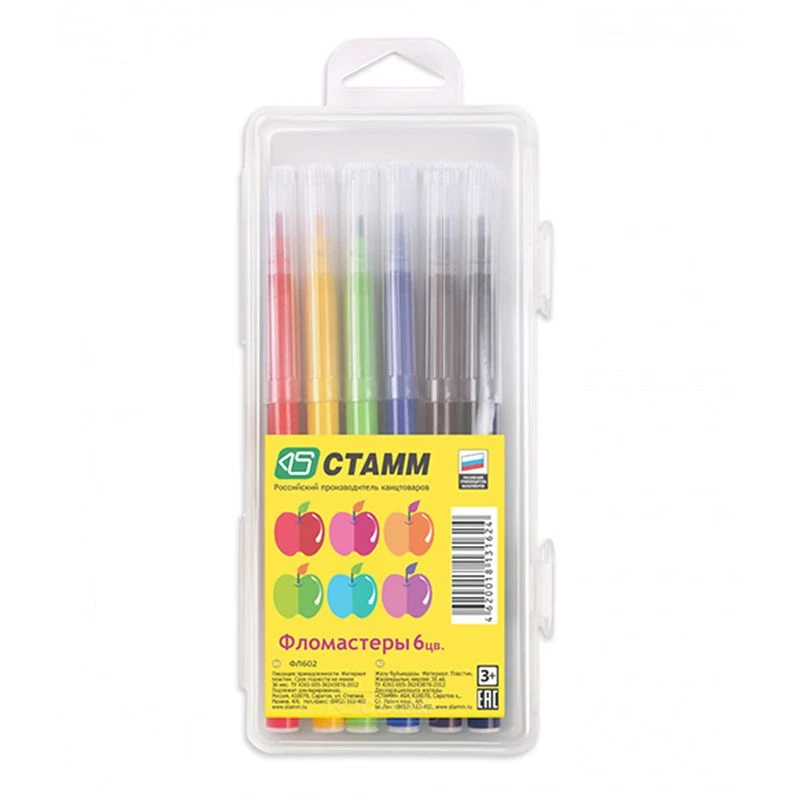 Washable Markers "Apple", 6 Colors, Plastic Case, Euro Hook