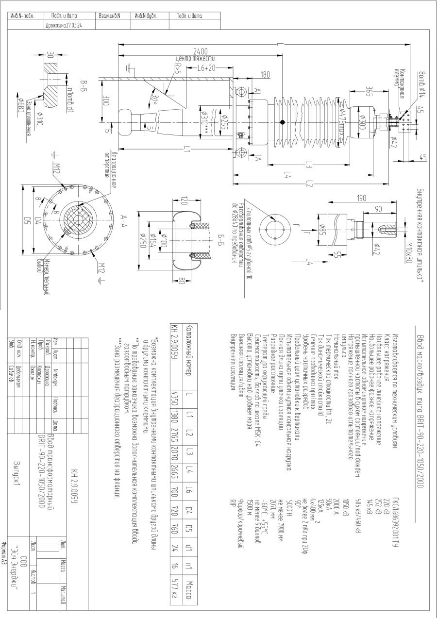 High Voltage Transformer Bushing BRIT-90-220-1050/2000 KN 2.9.005U