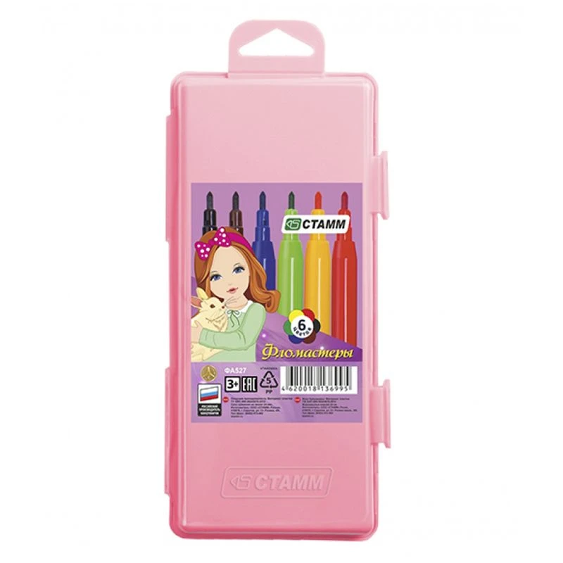 Washable Markers Set "Alice", 6 Colors, Pink Plastic Case
