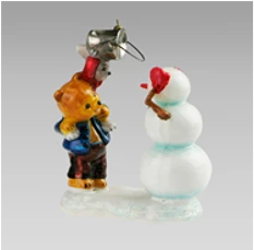 Handcrafted Glass Christmas Ornament "Bear and Rabbit Making a Snowman